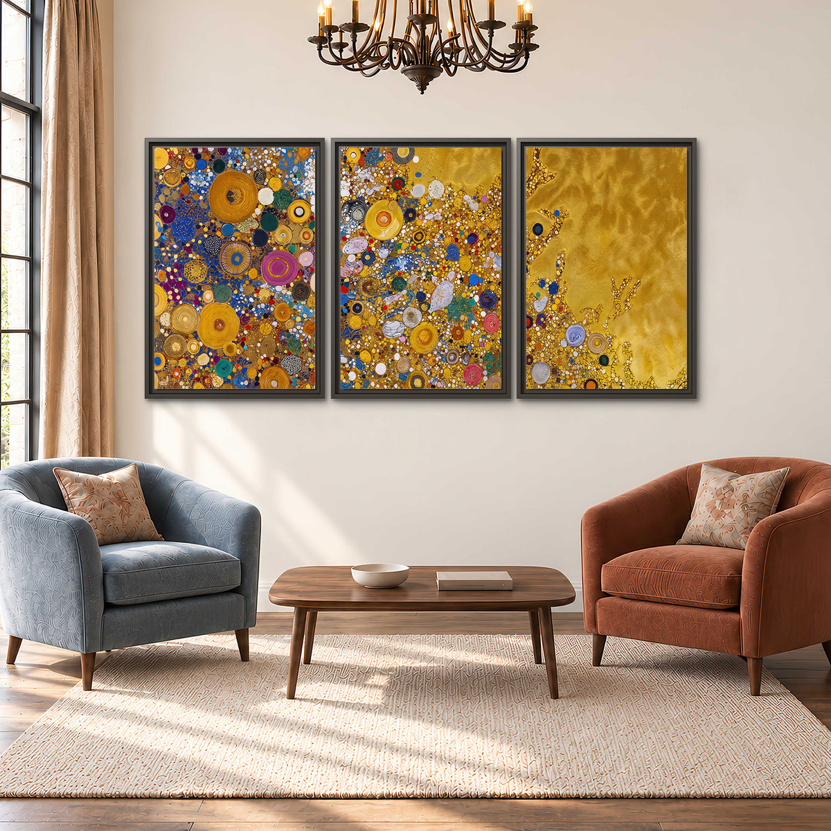 Colorful circular floral motifs against a rich gold-colored field 3 piece framed canvas wall art styled in an interior