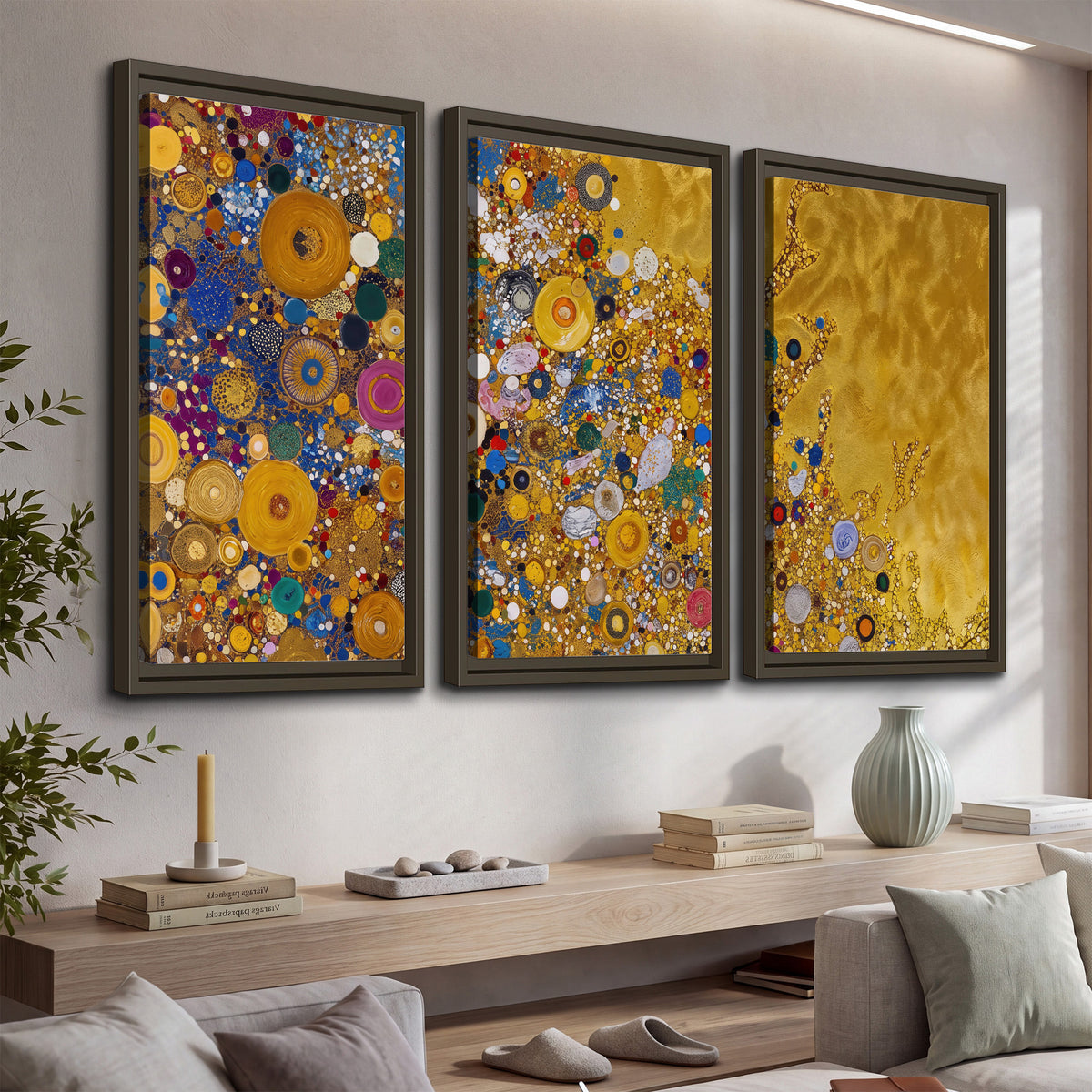 Colorful circular floral motifs against a rich gold-colored field 3 piece framed canvas wall art displayed in a console