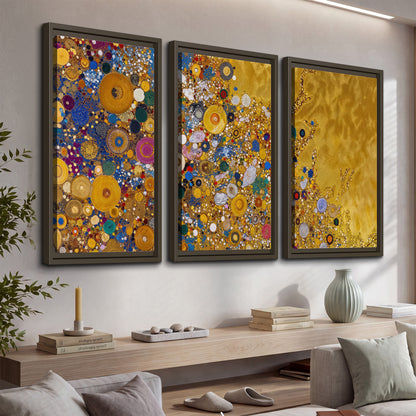 Colorful circular floral motifs against a rich gold-colored field 3 piece framed canvas wall art displayed in a console