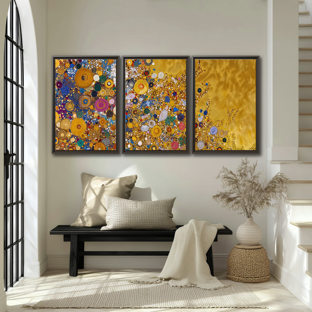 Colorful circular floral motifs against a rich gold-colored field 3 piece framed canvas wall art displayed in a entryway
