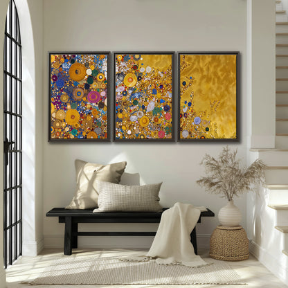 Colorful circular floral motifs against a rich gold-colored field 3 piece framed canvas wall art displayed in a entryway