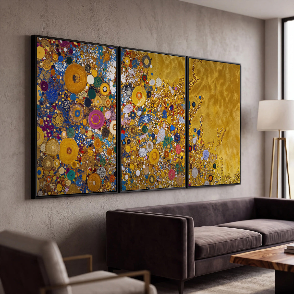 Colorful circular floral motifs against a rich gold-colored field 3 piece framed canvas wall art displayed in a modern living room