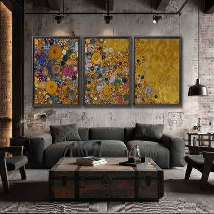 Colorful circular floral motifs against a rich gold-colored field 3 piece framed canvas wall art displayed in a industrial room