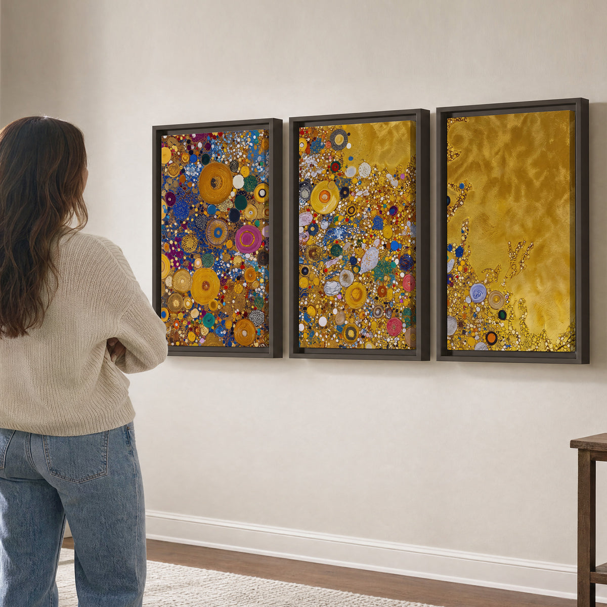 Colorful circular floral motifs against a rich gold-colored field 3 piece framed canvas wall art three panel arrangement on a wall