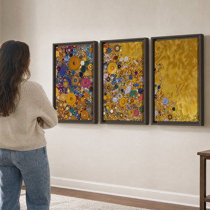 Colorful circular floral motifs against a rich gold-colored field 3 piece framed canvas wall art three panel arrangement on a wall