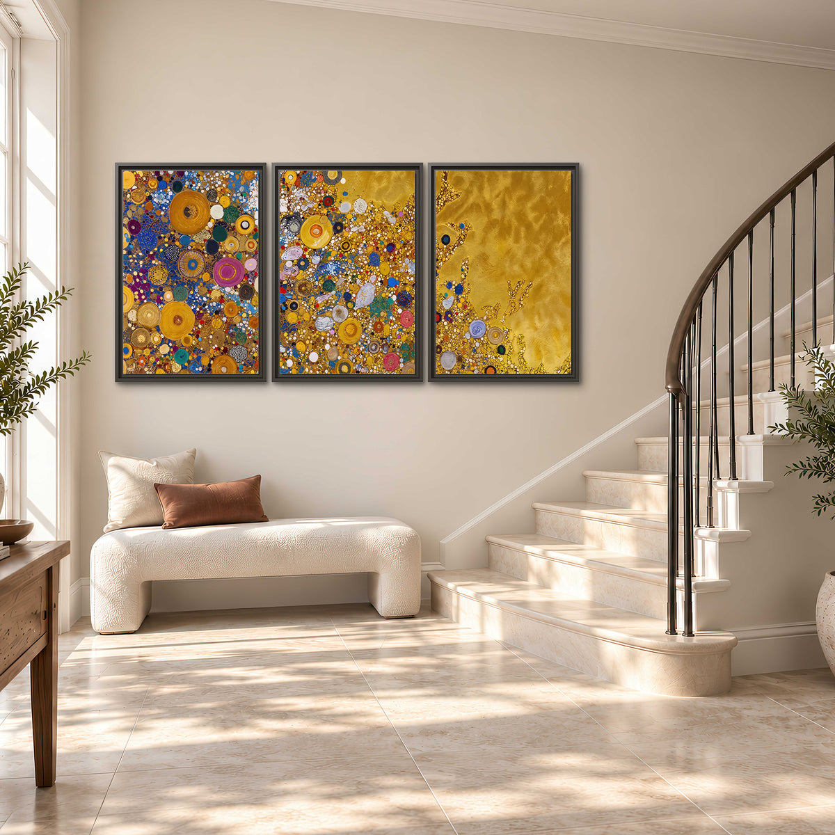Colorful circular floral motifs against a rich gold-colored field 3 piece framed canvas wall art styled in an interior