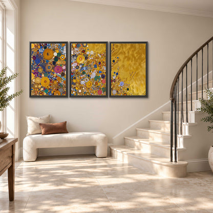 Colorful circular floral motifs against a rich gold-colored field 3 piece framed canvas wall art styled in an interior