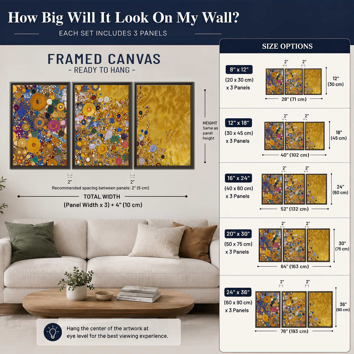 Colorful circular floral motifs against a rich gold-colored field 3 piece framed canvas wall art size guide above a sofa; room view is illustrative
