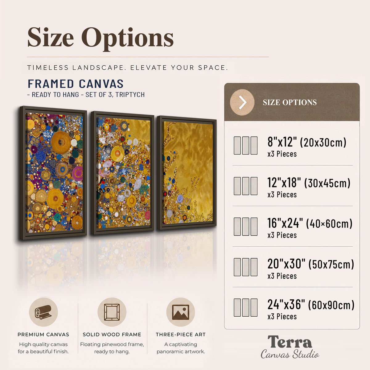 Colorful circular floral motifs against a rich gold-colored field 3 piece framed canvas wall art available dimensions; triptych dimensions are per panel
