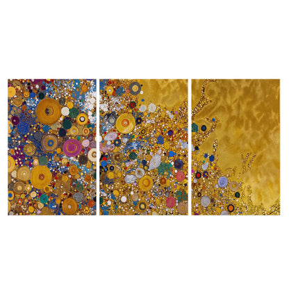 Colorful circular floral motifs against a rich gold-colored field set of 3 poster prints viewed straight on