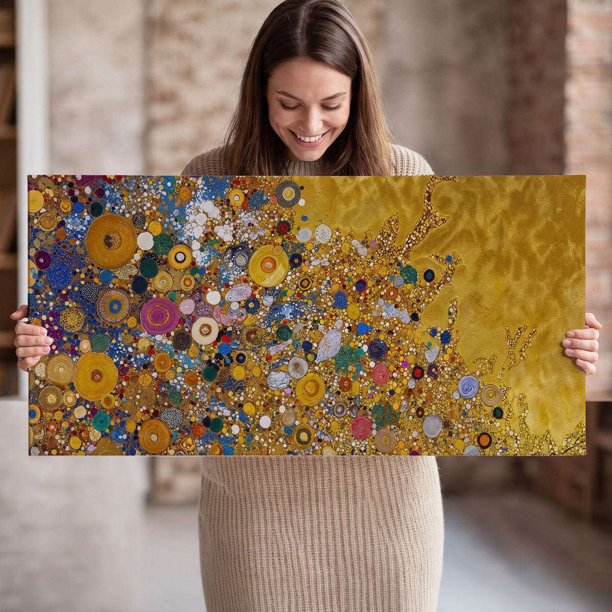 Colorful circular floral motifs against a rich gold-colored field single canvas wall art held in hands
