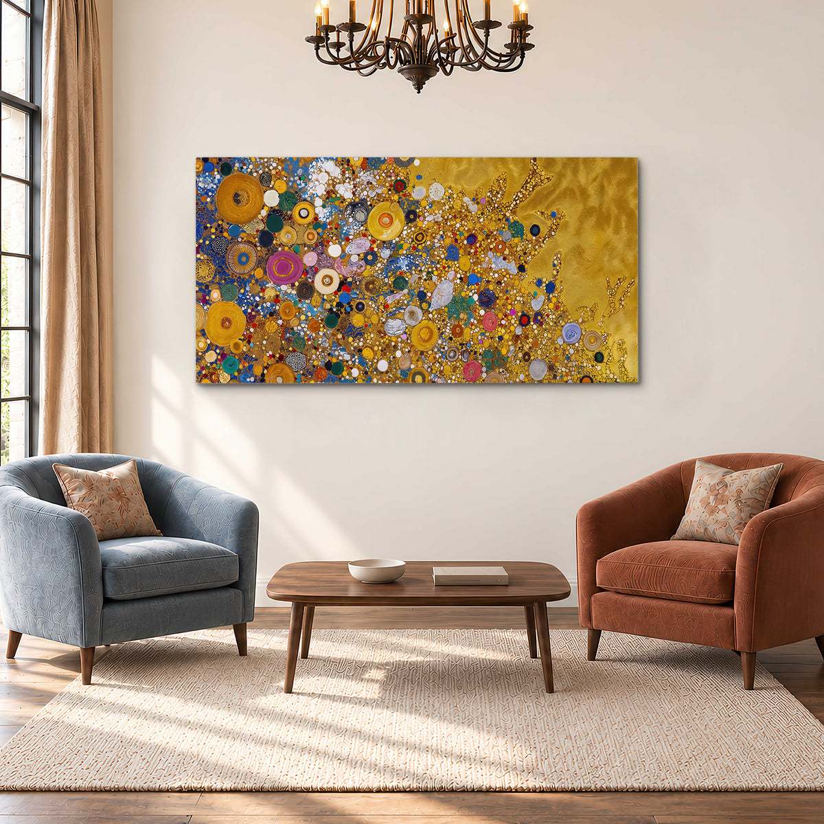Colorful circular floral motifs against a rich gold-colored field single canvas wall art styled in an interior