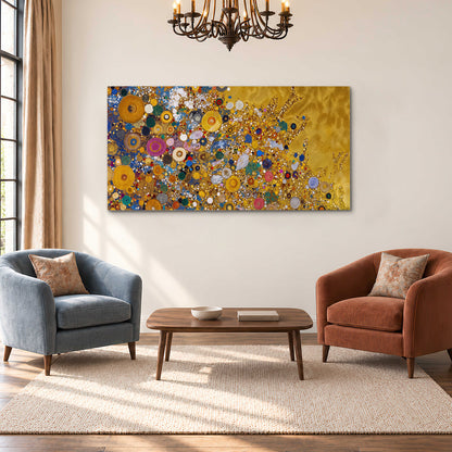 Colorful circular floral motifs against a rich gold-colored field single canvas wall art styled in an interior