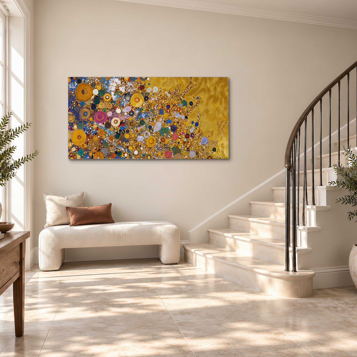 Colorful circular floral motifs against a rich gold-colored field single canvas wall art styled in an interior