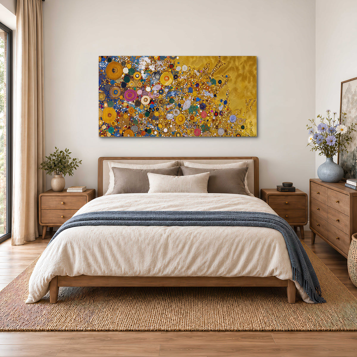 Colorful circular floral motifs against a rich gold-colored field single canvas wall art styled in an interior