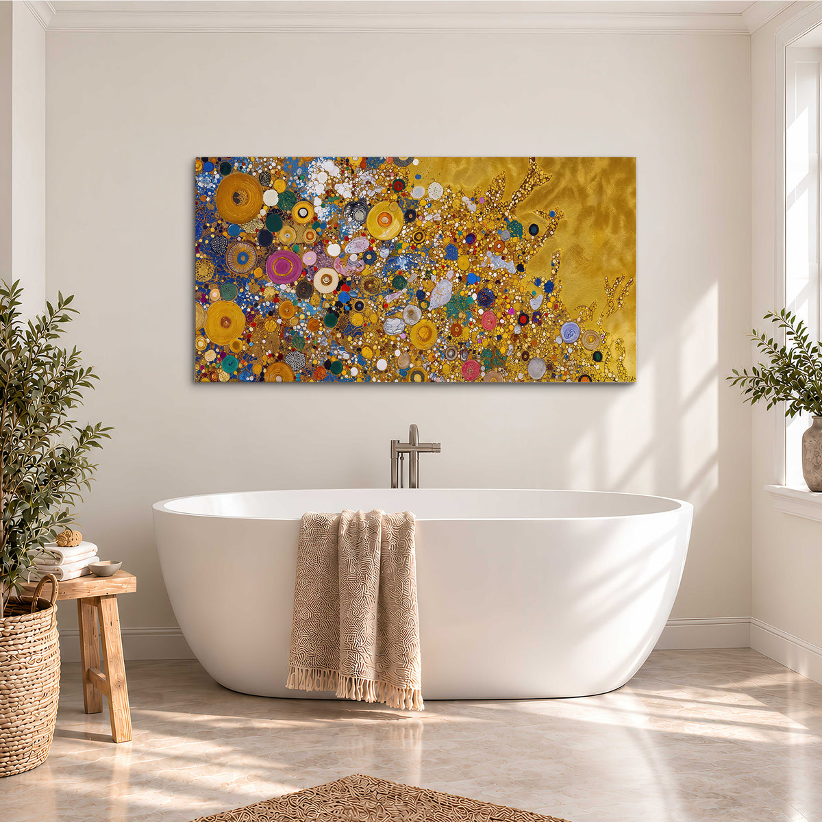 Colorful circular floral motifs against a rich gold-colored field single canvas wall art styled in an interior