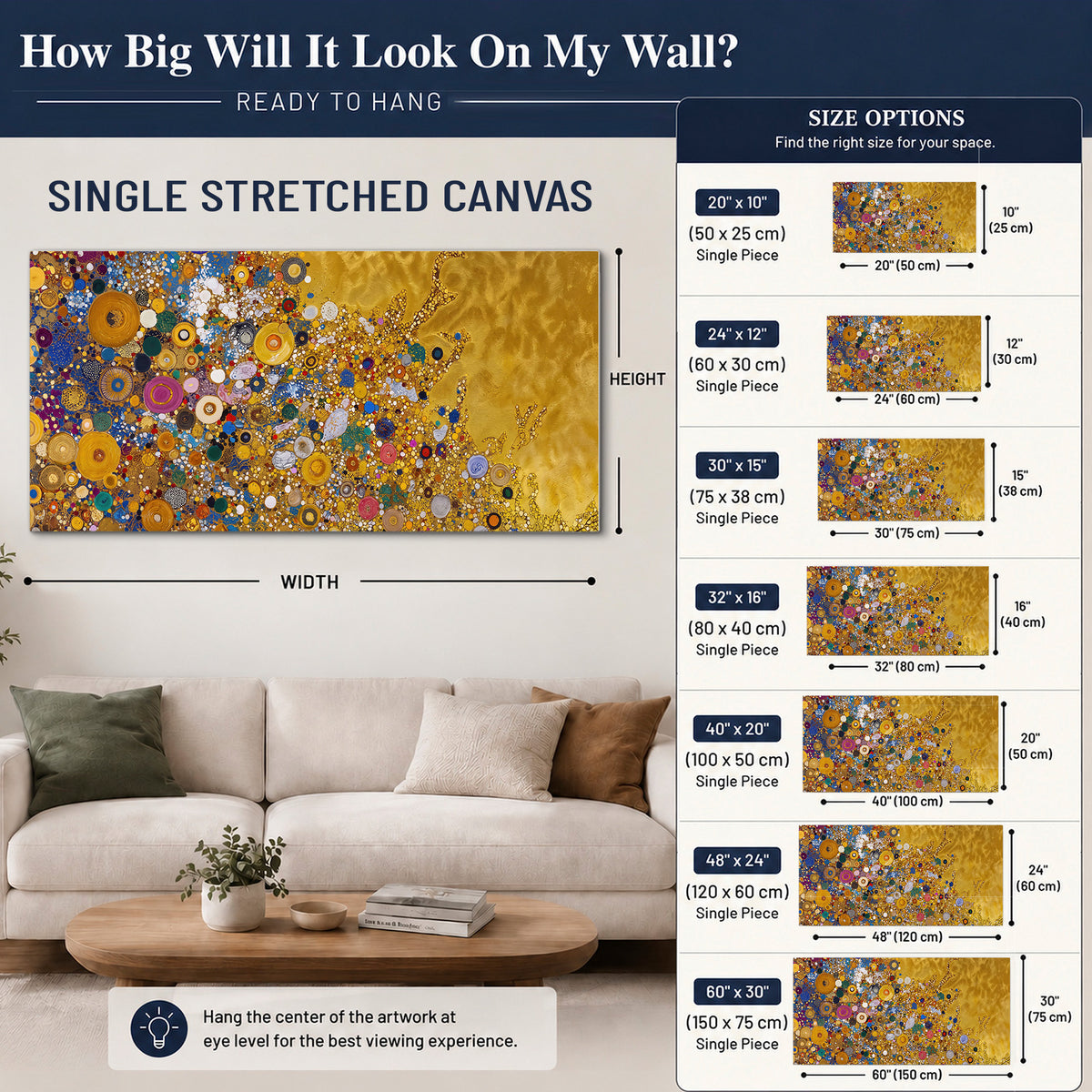 Colorful circular floral motifs against a rich gold-colored field single canvas wall art size guide above a sofa; room view is illustrative