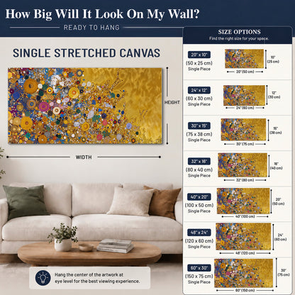 Colorful circular floral motifs against a rich gold-colored field single canvas wall art size guide above a sofa; room view is illustrative