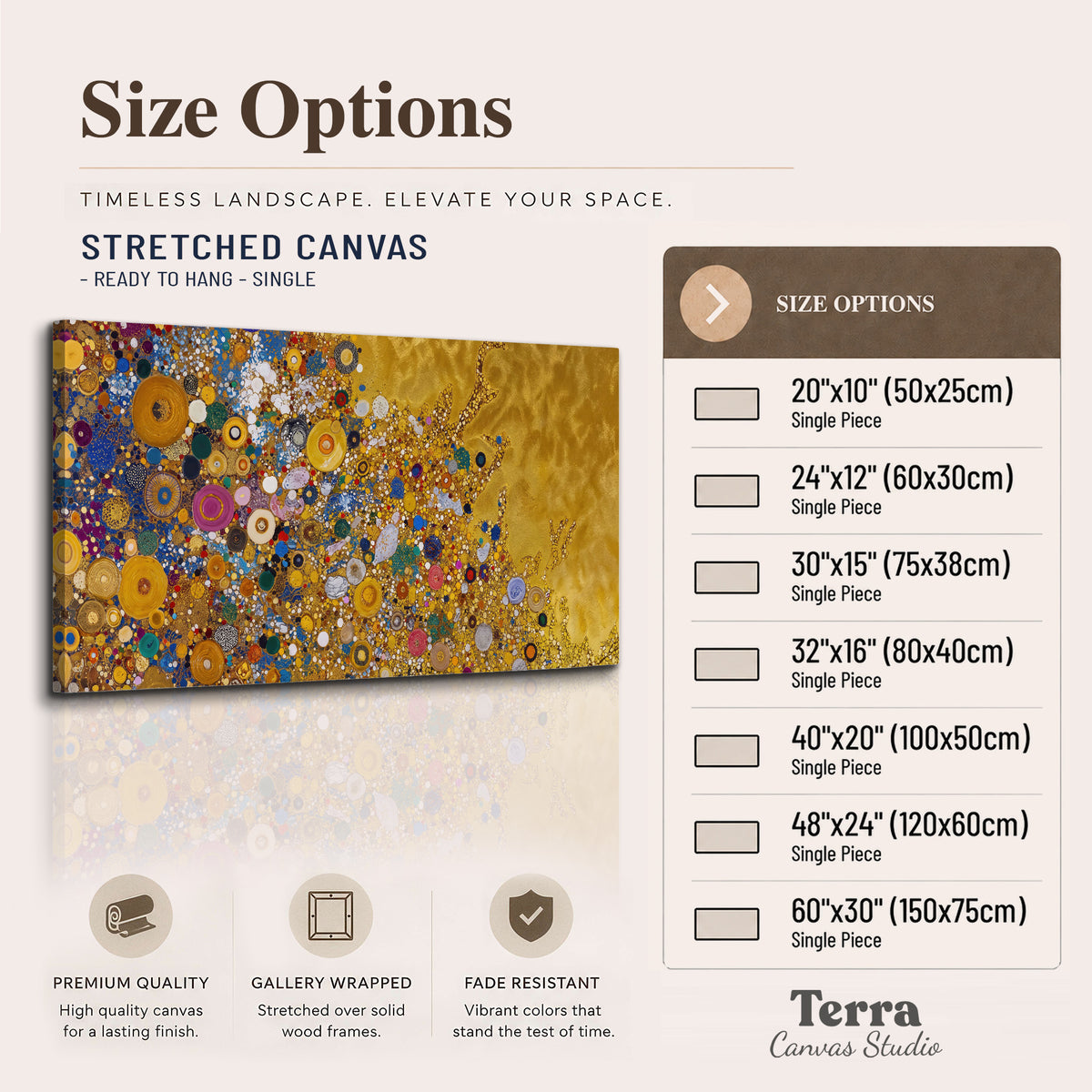 Colorful circular floral motifs against a rich gold-colored field single canvas wall art available dimensions