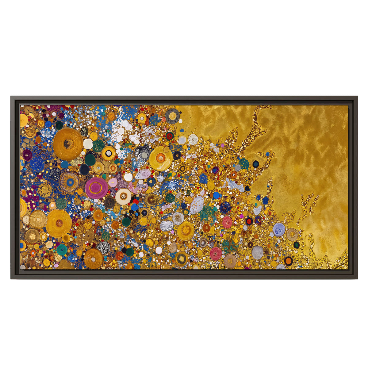 Colorful circular floral motifs against a rich gold-colored field single framed canvas wall art viewed straight on