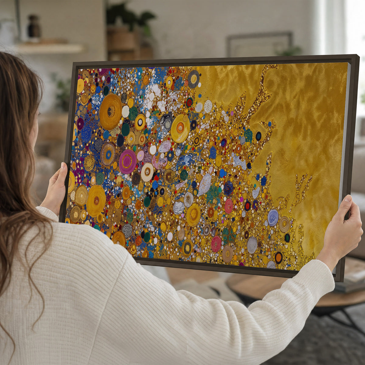 Colorful circular floral motifs against a rich gold-colored field single framed canvas wall art held in hands