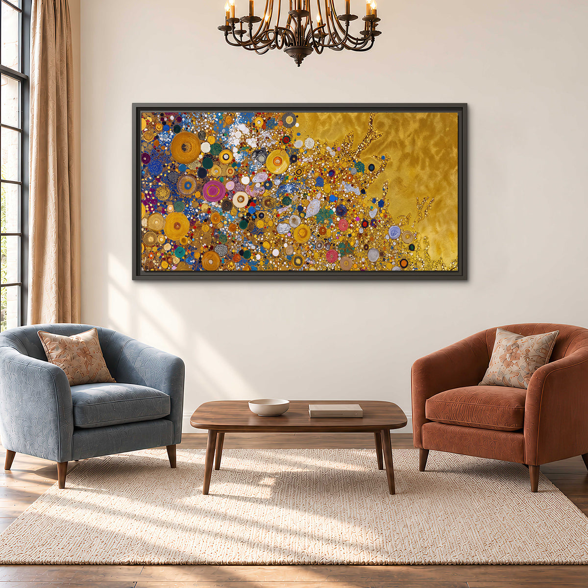 Colorful circular floral motifs against a rich gold-colored field single framed canvas wall art styled in an interior