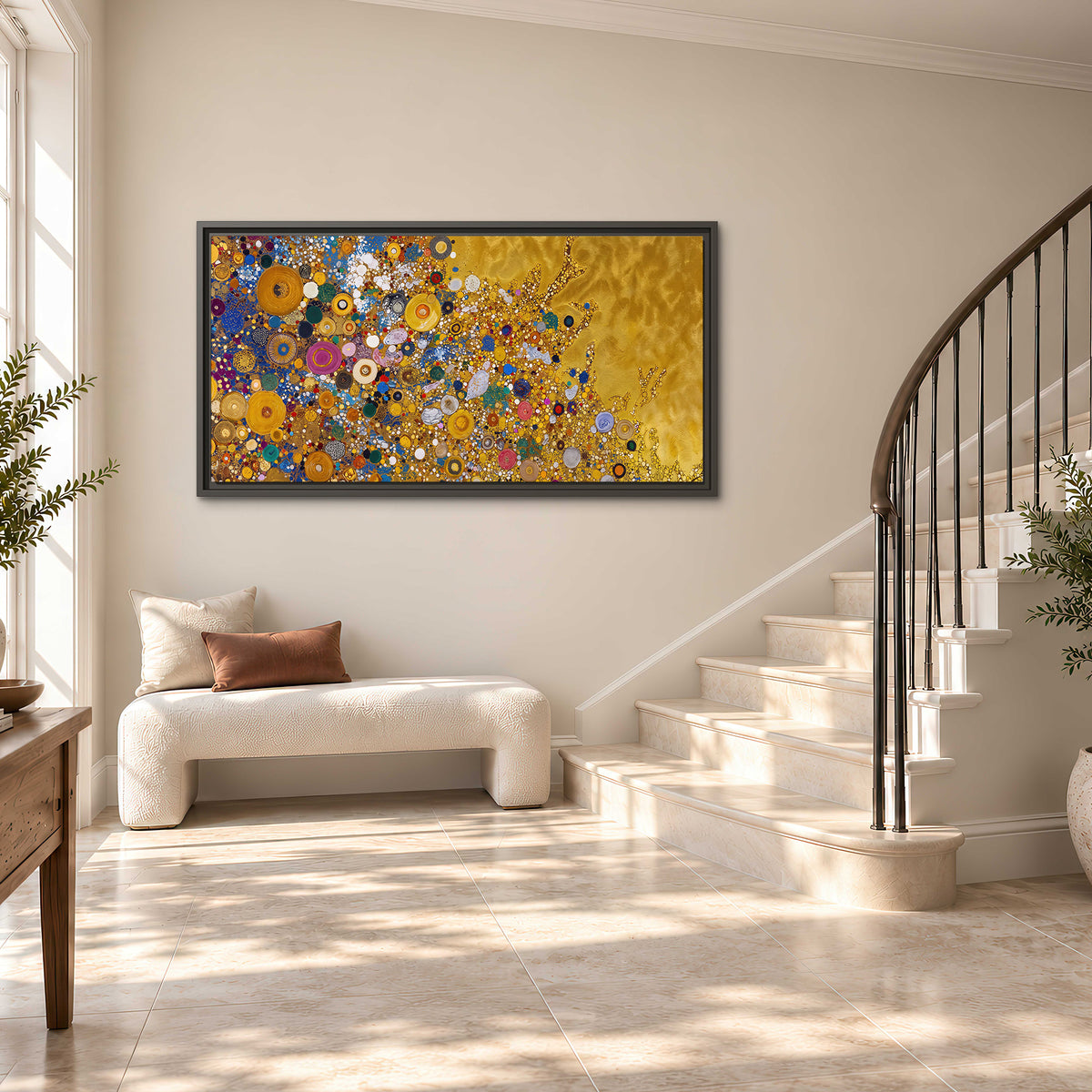 Colorful circular floral motifs against a rich gold-colored field single framed canvas wall art styled in an interior