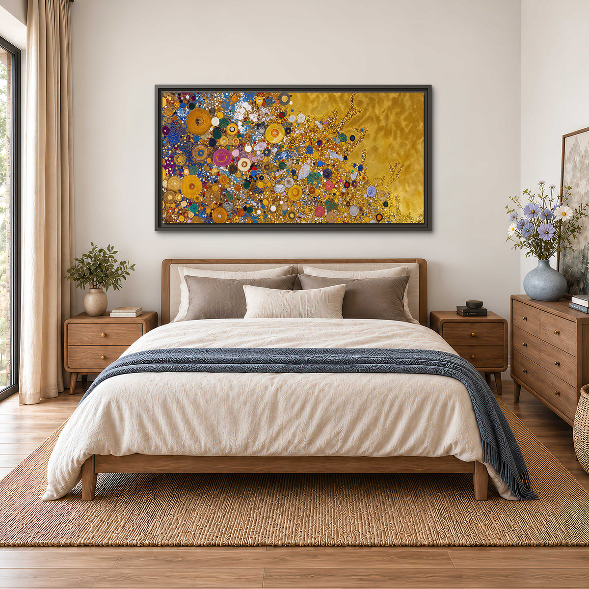 Colorful circular floral motifs against a rich gold-colored field single framed canvas wall art styled in an interior