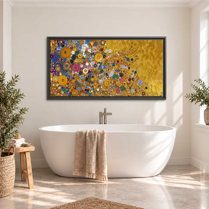 Colorful circular floral motifs against a rich gold-colored field single framed canvas wall art styled in an interior