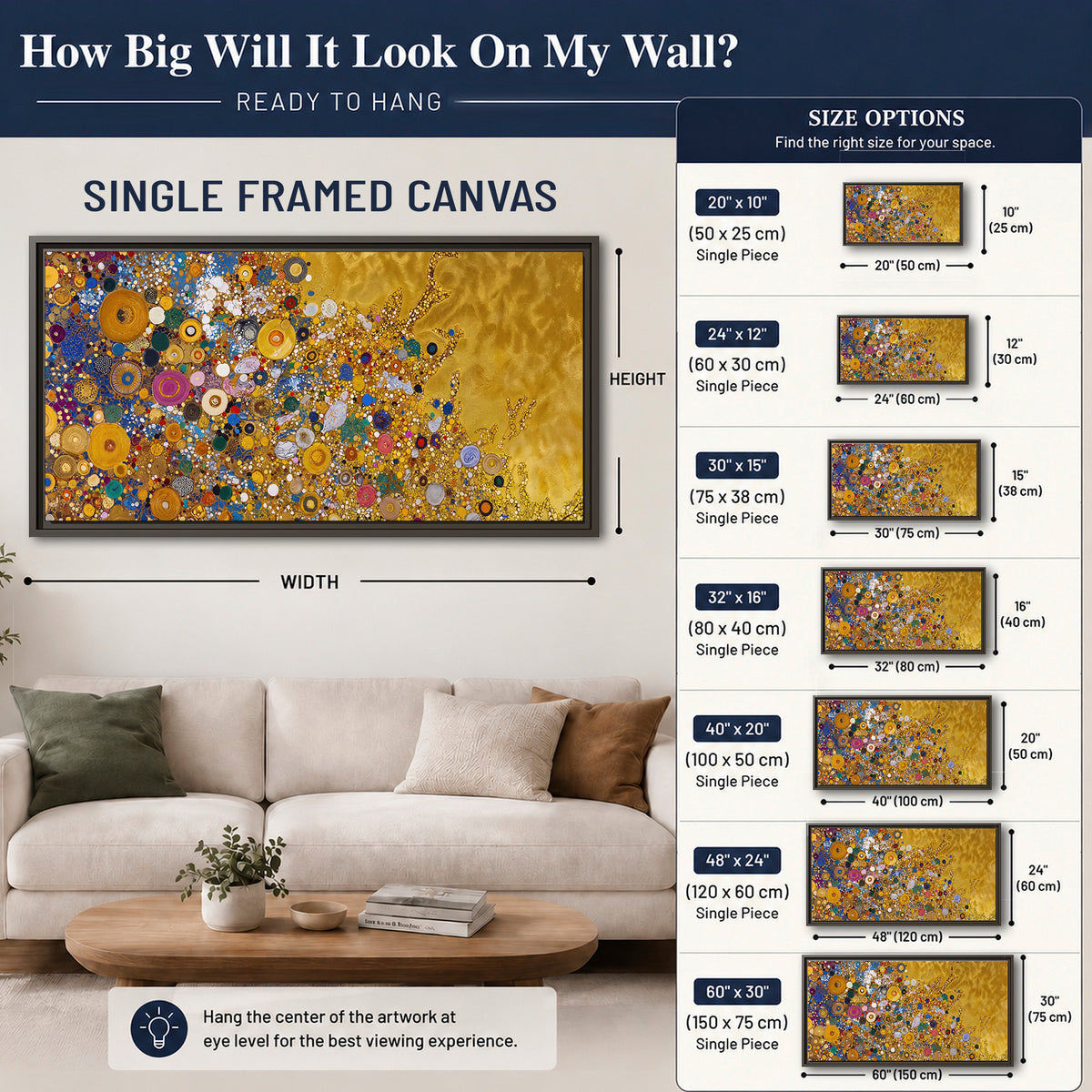 Colorful circular floral motifs against a rich gold-colored field single framed canvas wall art size guide above a sofa; room view is illustrative