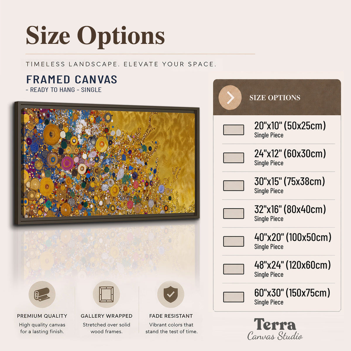 Colorful circular floral motifs against a rich gold-colored field single framed canvas wall art available dimensions