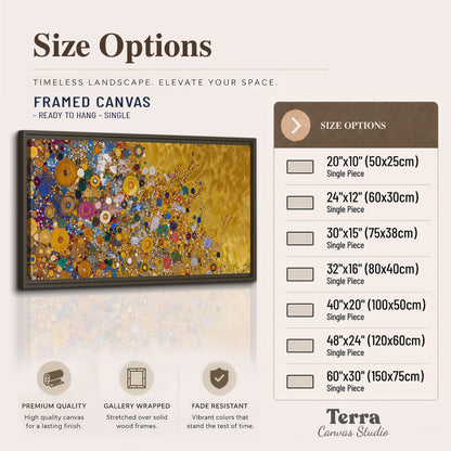 Colorful circular floral motifs against a rich gold-colored field single framed canvas wall art available dimensions