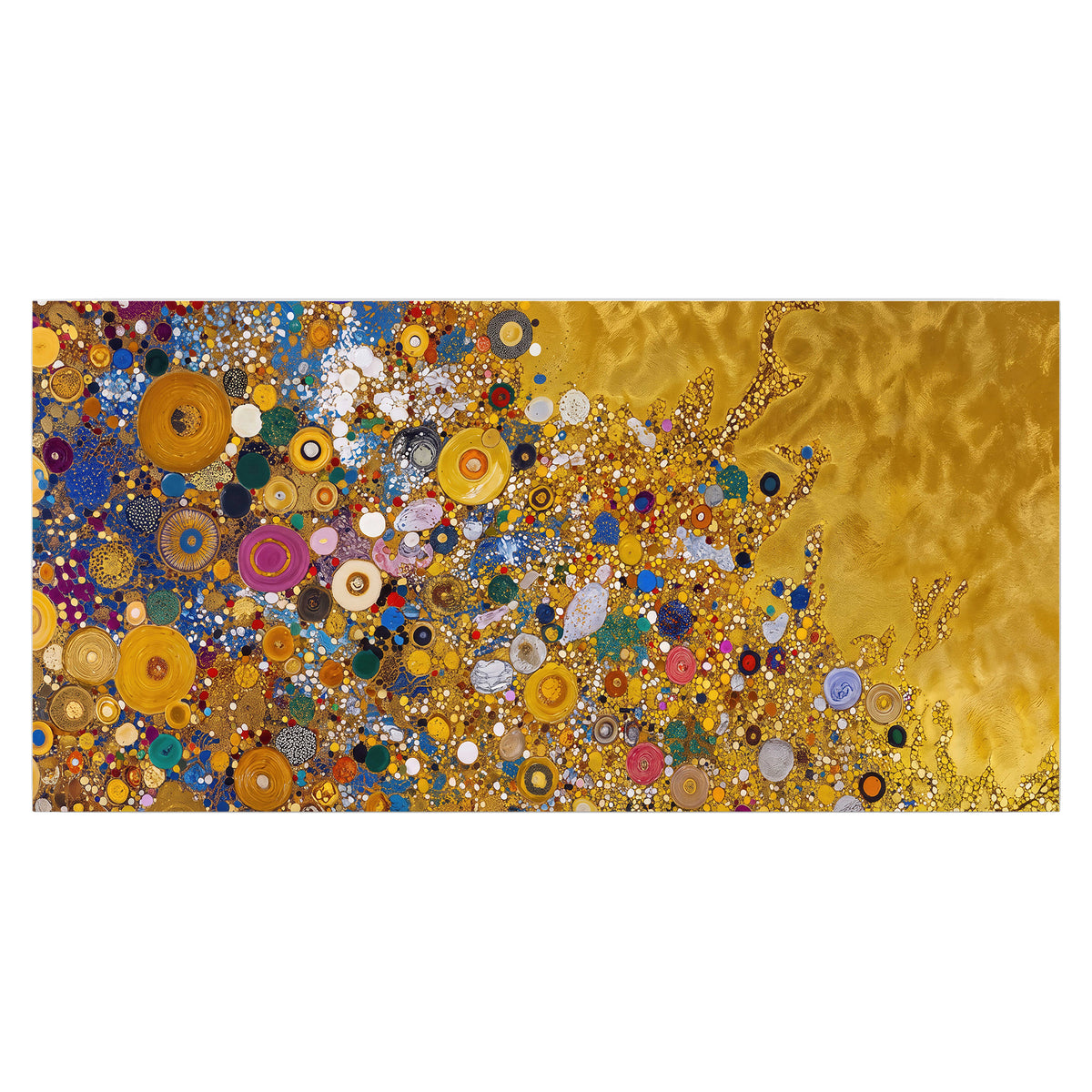Colorful circular floral motifs against a rich gold-colored field single poster print viewed straight on