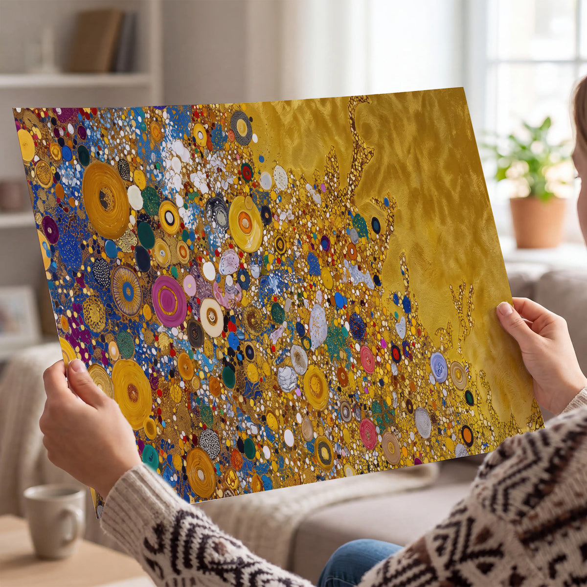 Colorful circular floral motifs against a rich gold-colored field single poster print held in hands