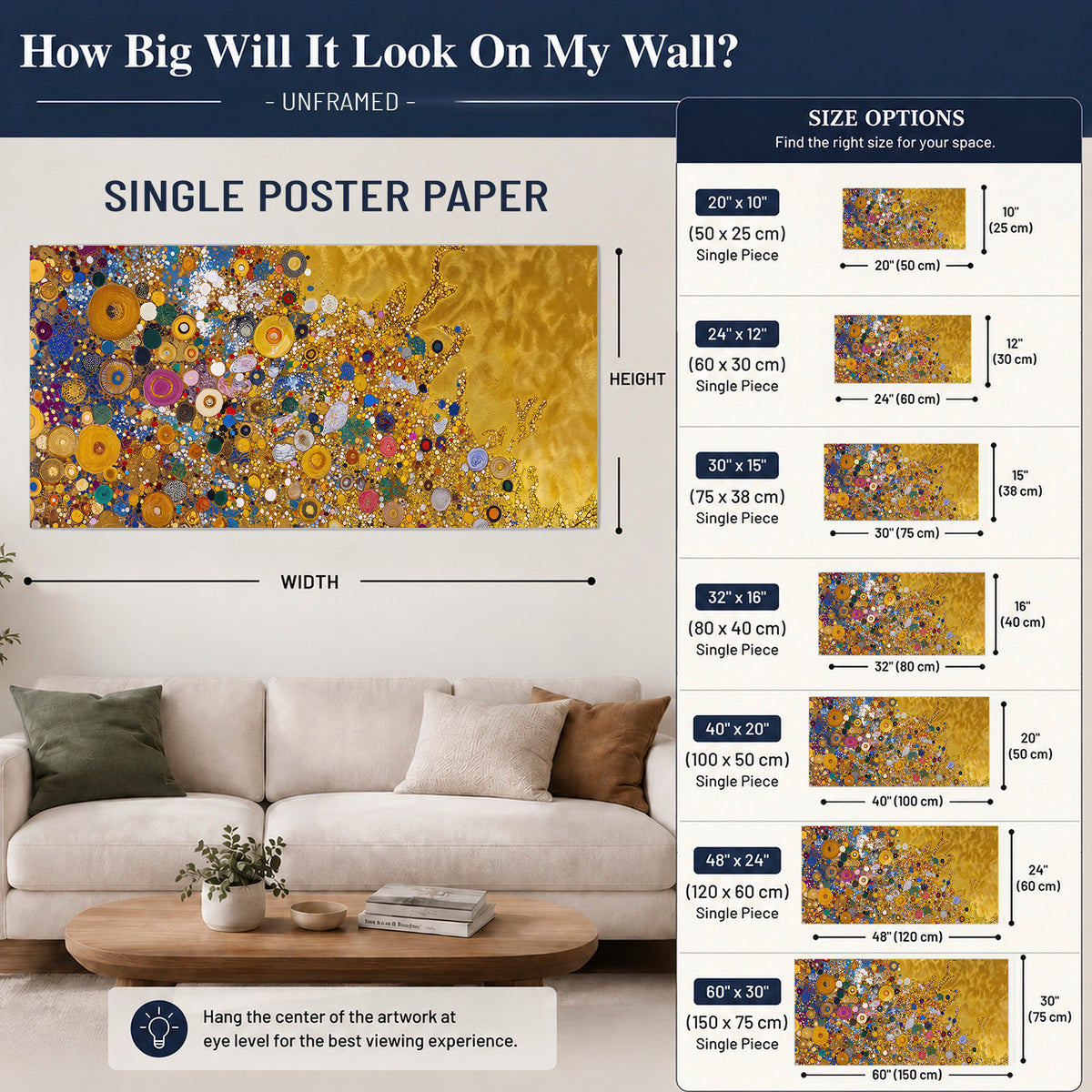 Colorful circular floral motifs against a rich gold-colored field single poster print size guide above a sofa; room view is illustrative