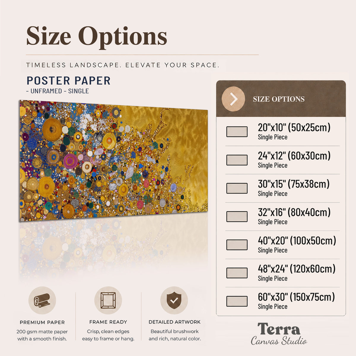 Colorful circular floral motifs against a rich gold-colored field single poster print available dimensions