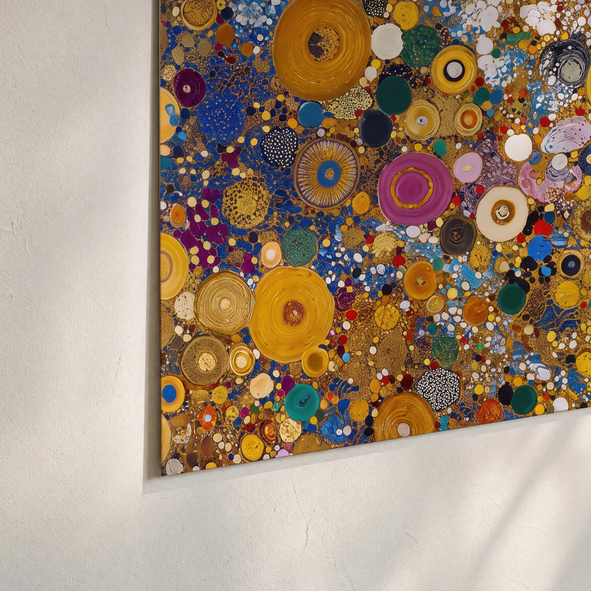 Colorful circular floral motifs against a rich gold-colored field set of 3 poster prints material and edge close up