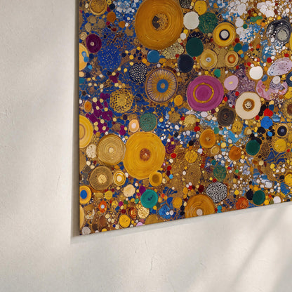 Colorful circular floral motifs against a rich gold-colored field set of 3 poster prints material and edge close up