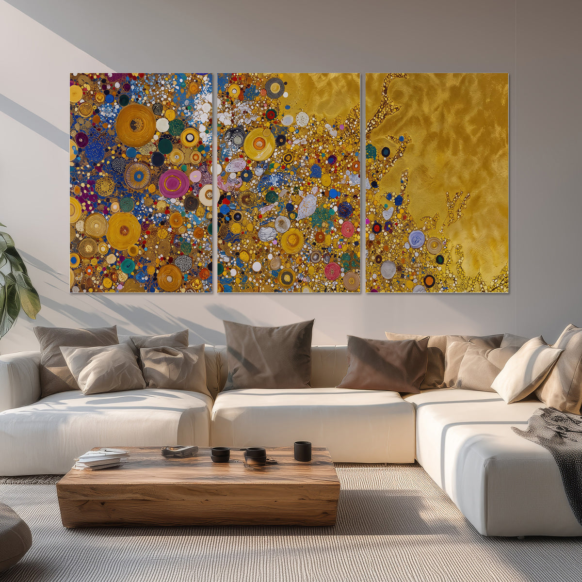 Colorful circular floral motifs against a rich gold-colored field set of 3 poster prints displayed in a living room
