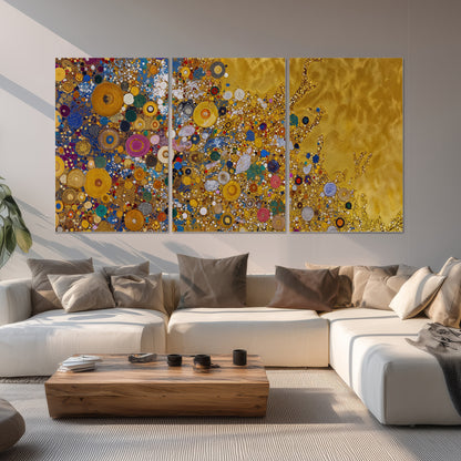 Colorful circular floral motifs against a rich gold-colored field set of 3 poster prints displayed in a living room
