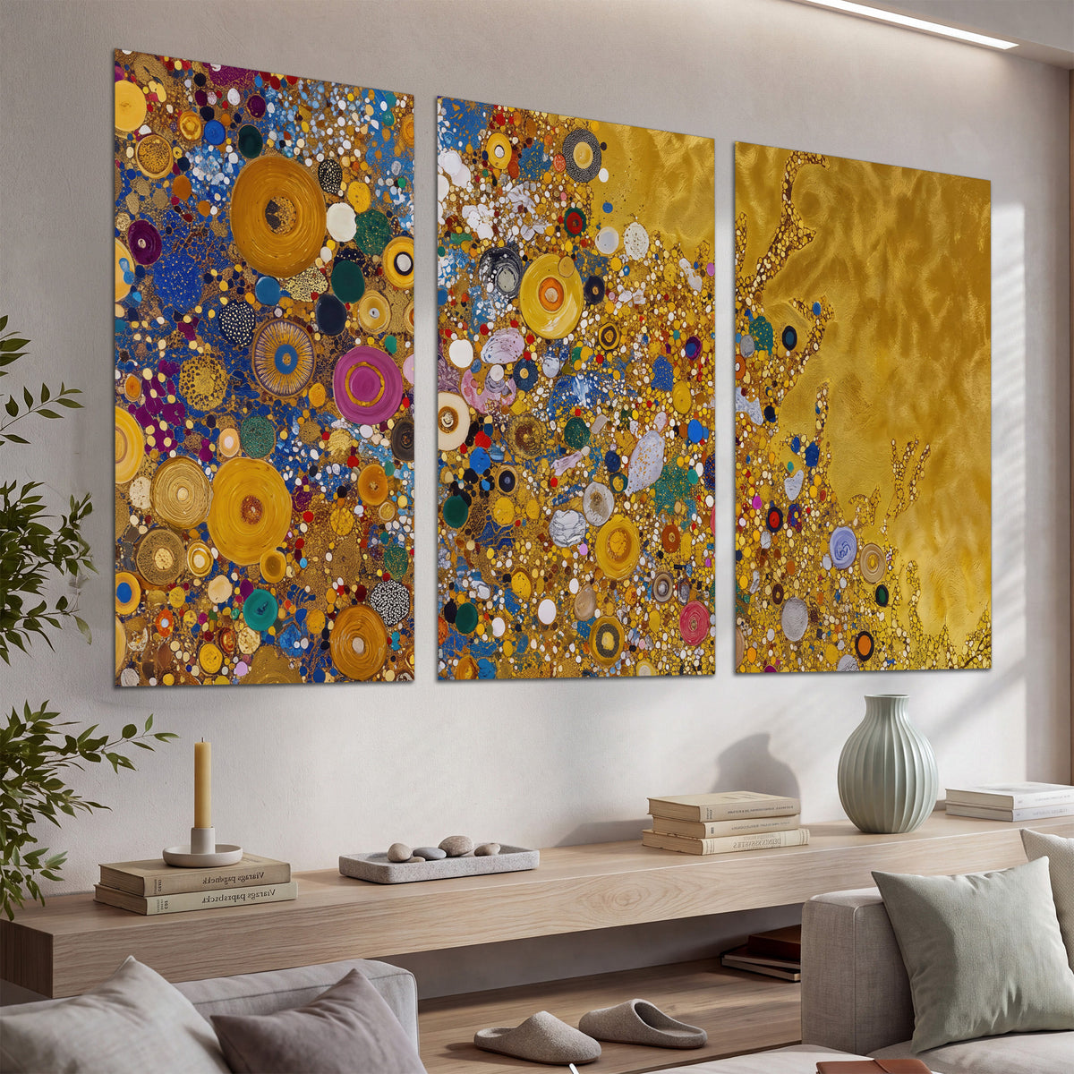 Colorful circular floral motifs against a rich gold-colored field set of 3 poster prints displayed in a console