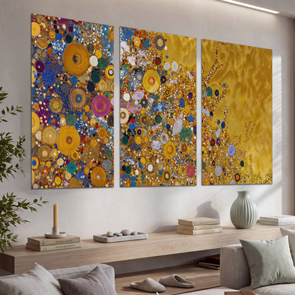 Colorful circular floral motifs against a rich gold-colored field set of 3 poster prints displayed in a console