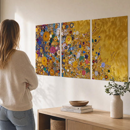 Colorful circular floral motifs against a rich gold-colored field set of 3 poster prints three panel arrangement on a wall