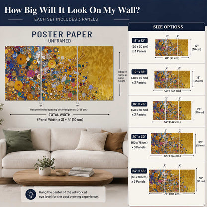Colorful circular floral motifs against a rich gold-colored field set of 3 poster prints size guide above a sofa; room view is illustrative