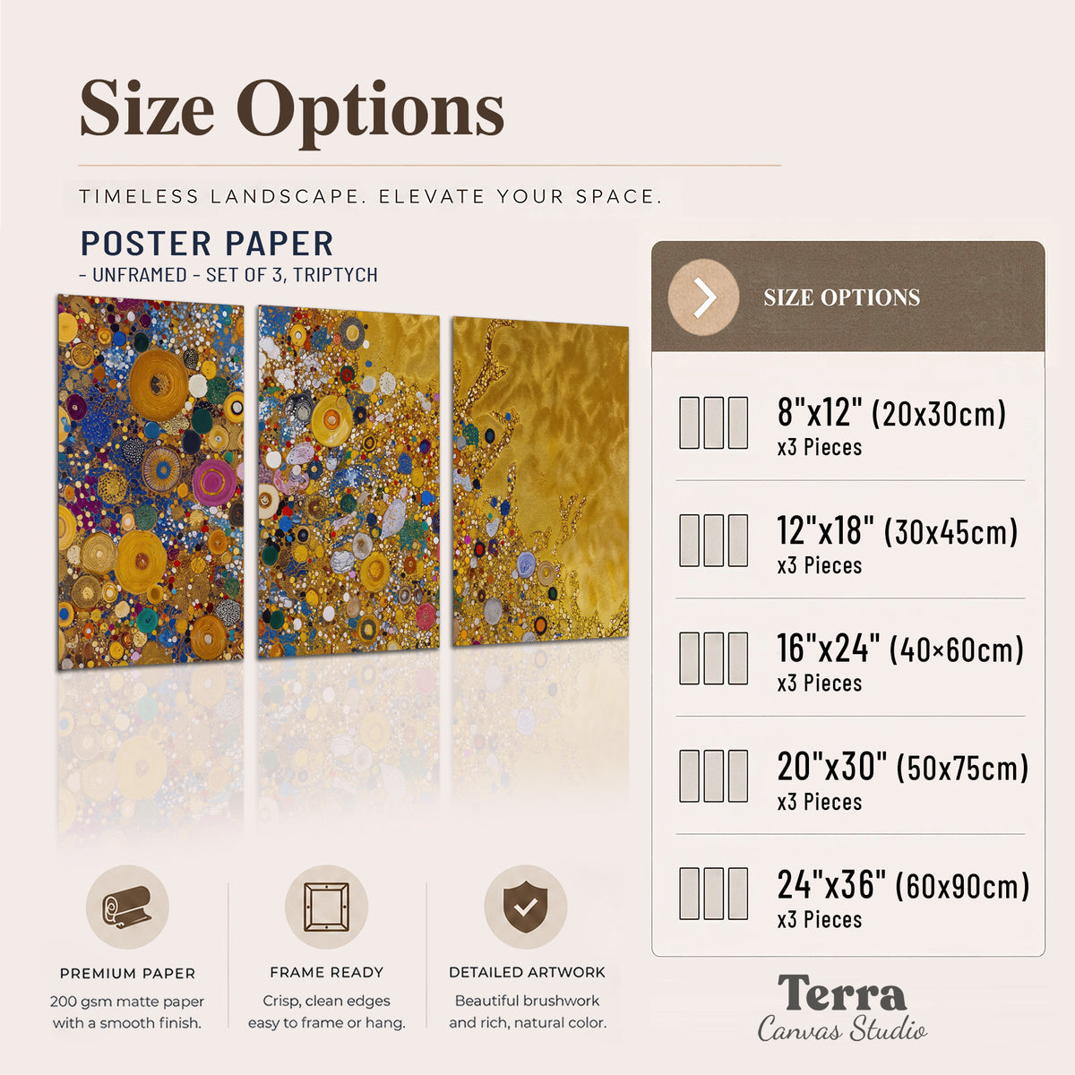 Colorful circular floral motifs against a rich gold-colored field set of 3 poster prints available dimensions; triptych dimensions are per panel