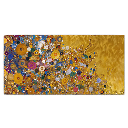Colorful circular floral motifs against a rich gold-colored field single canvas wall art viewed straight on