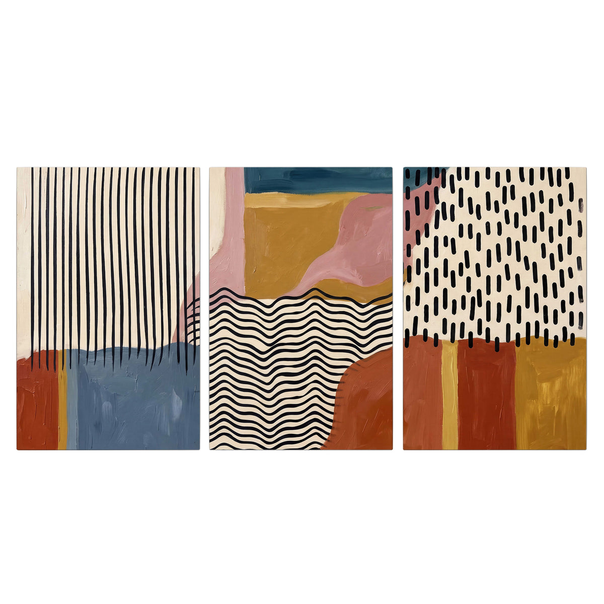 Terracotta, pink, mustard and blue shapes with black line patterns 3 piece canvas wall art viewed straight on