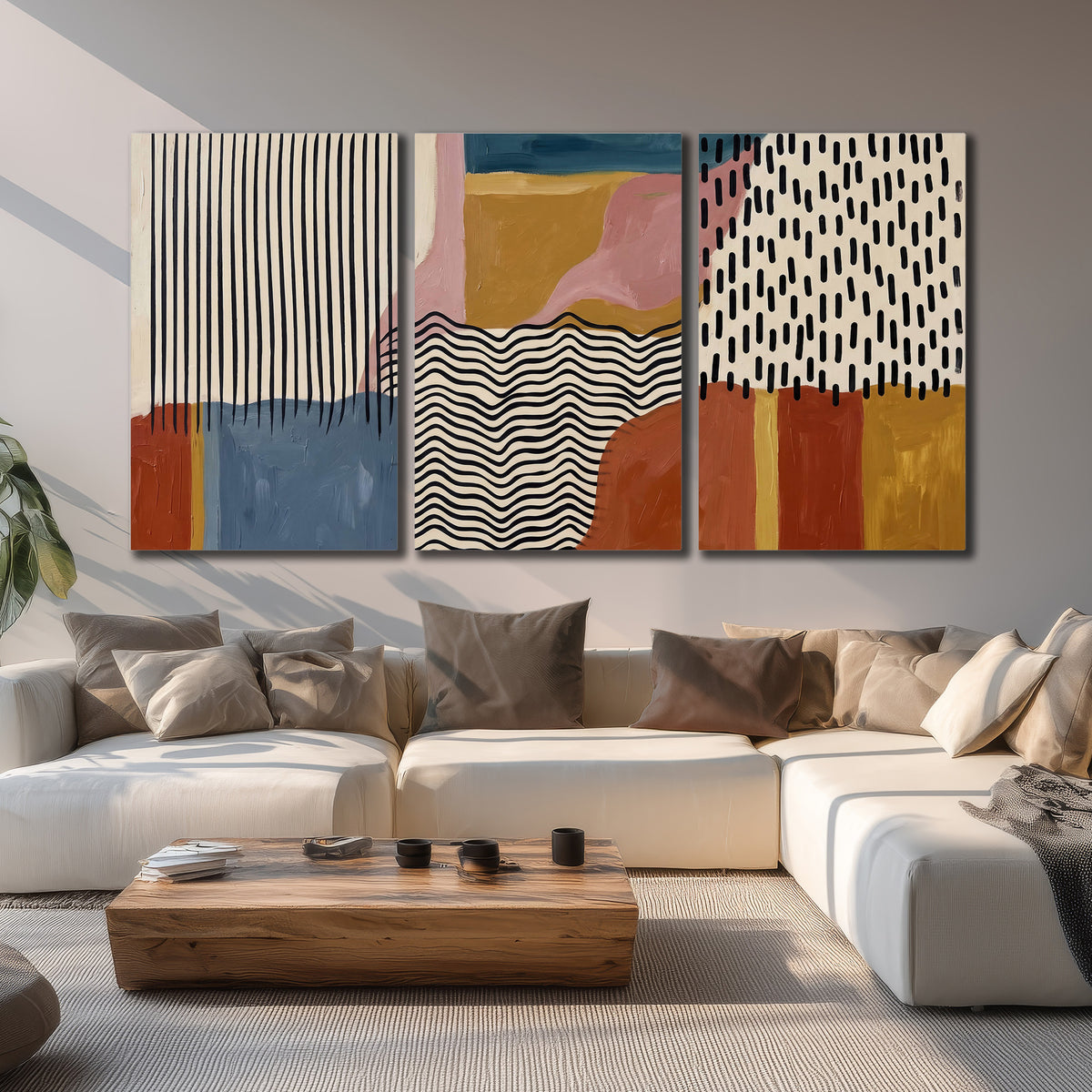 Terracotta, pink, mustard and blue shapes with black line patterns 3 piece canvas wall art displayed in a living room