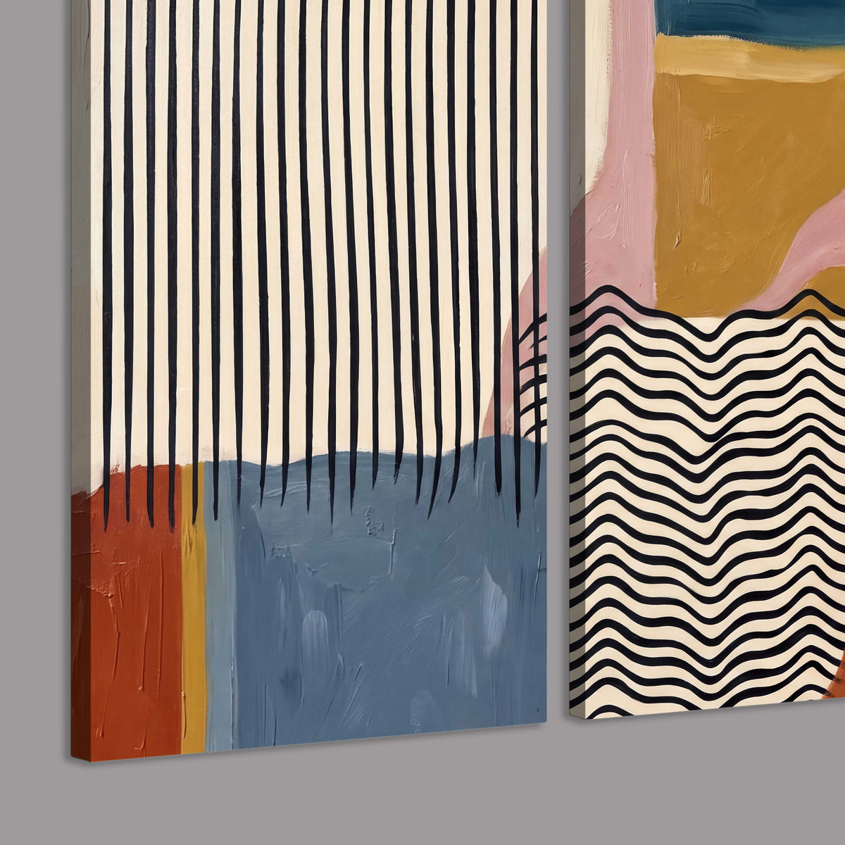 Terracotta, pink, mustard and blue shapes with black line patterns 3 piece canvas wall art room and product view