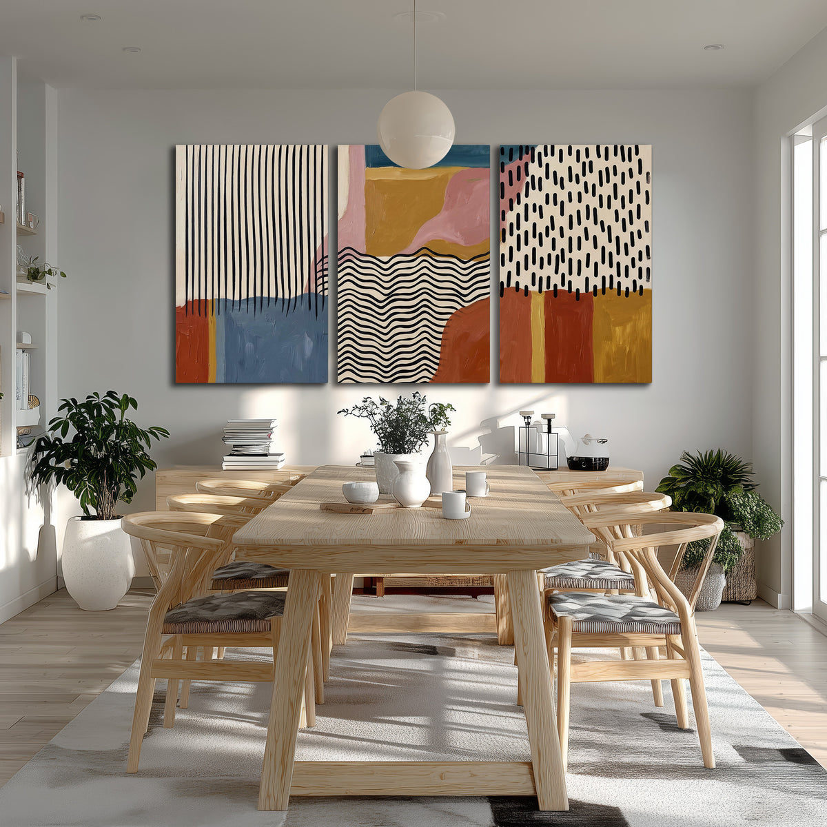 Terracotta, pink, mustard and blue shapes with black line patterns 3 piece canvas wall art room and product view